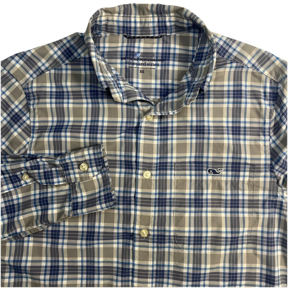 Vineyard Vines Performance OTG Mens Size XS Long Sleeve Blue Plaid Shirt Logo